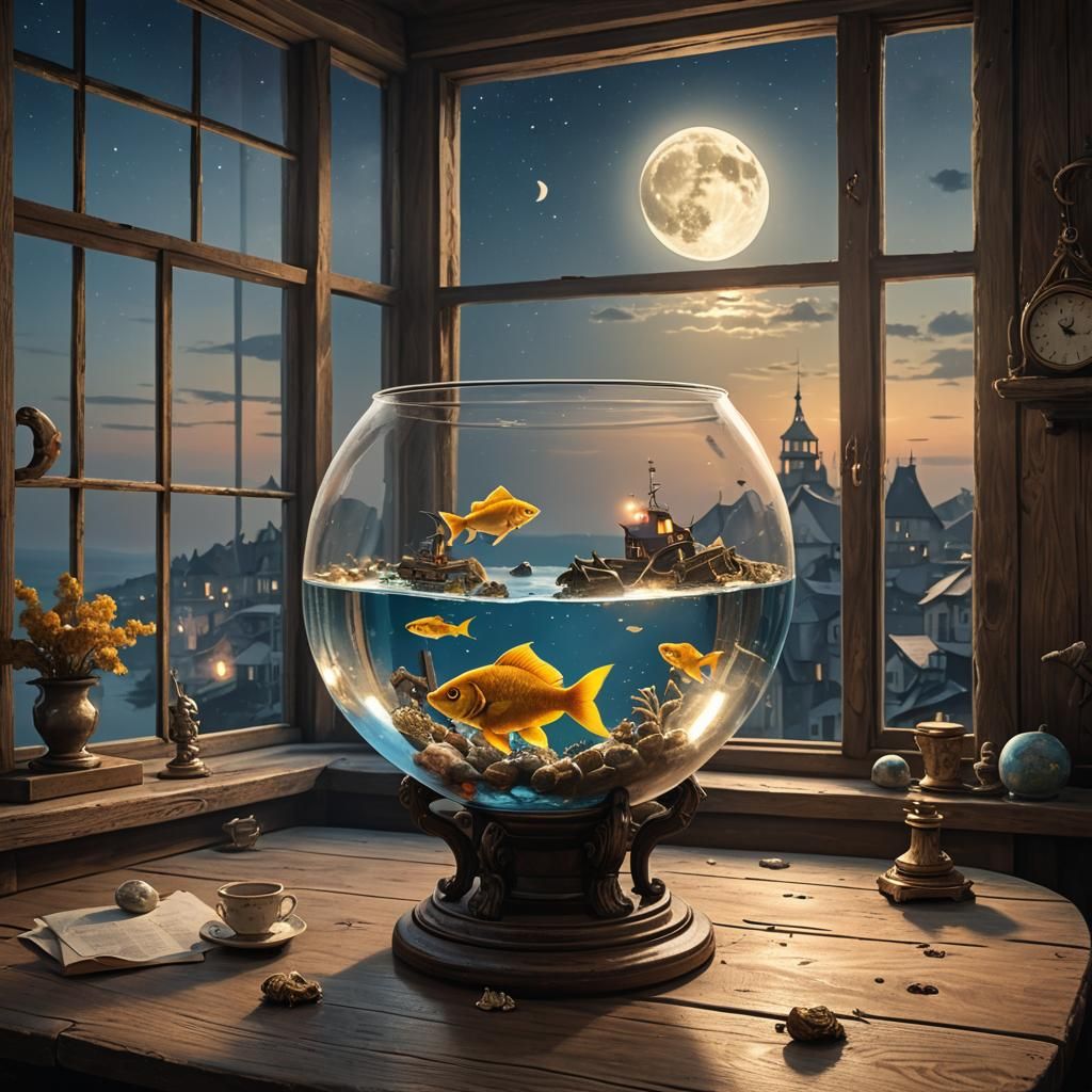 Golden Fish in Moonlit Fishbowl