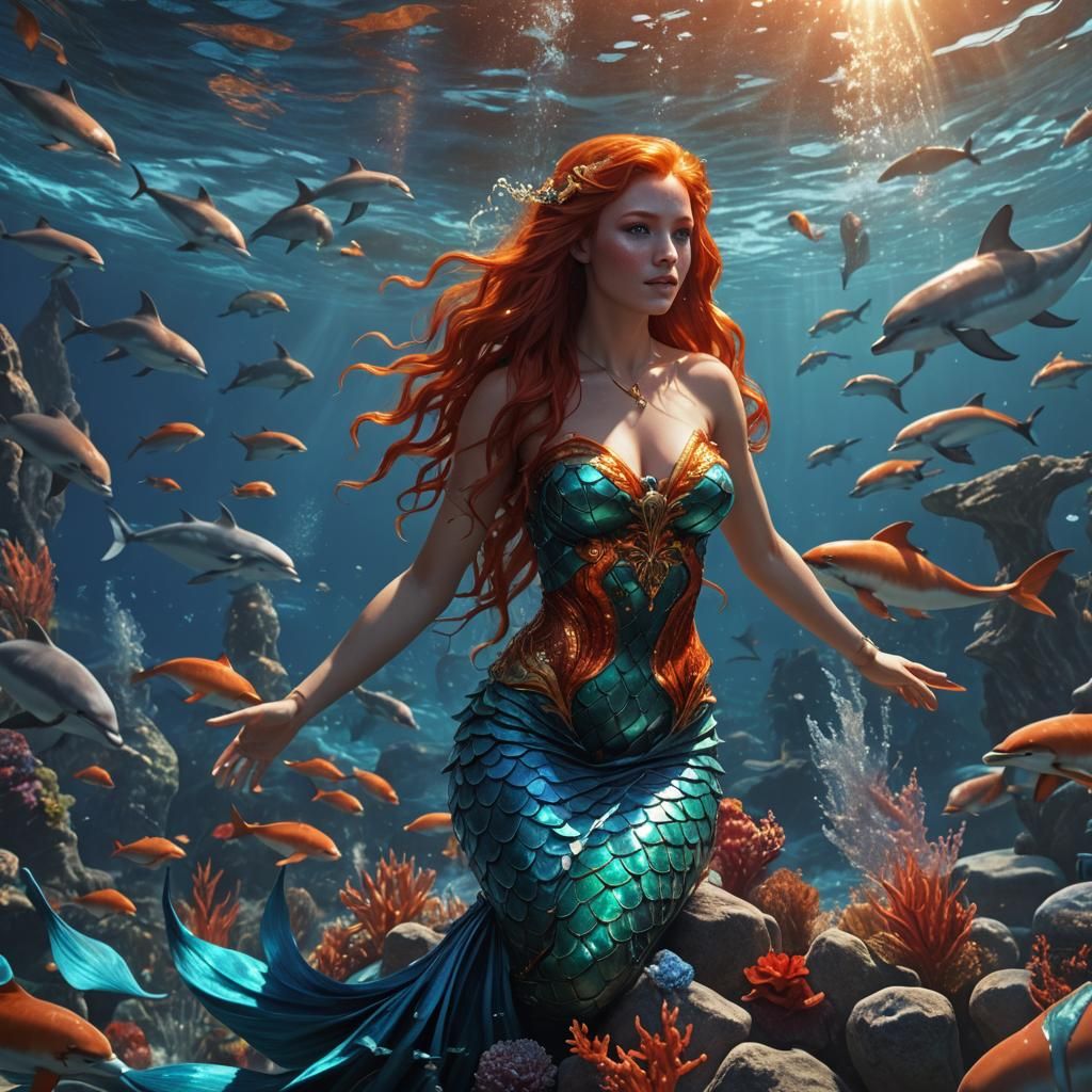 Red-Haired Mermaid Goddess in Crystal Blue Ocean