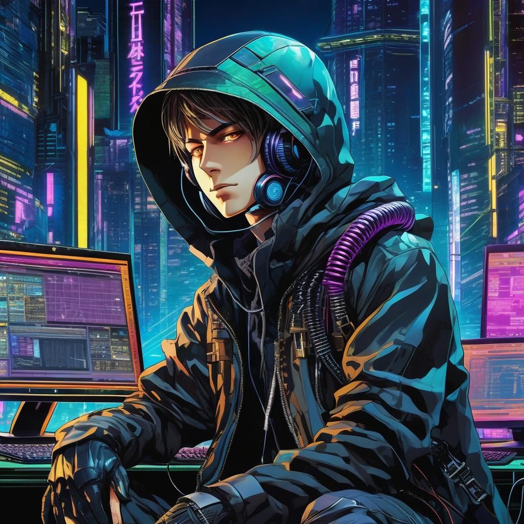 Anime Hacker Portrait in Cyberpunk Dystopia