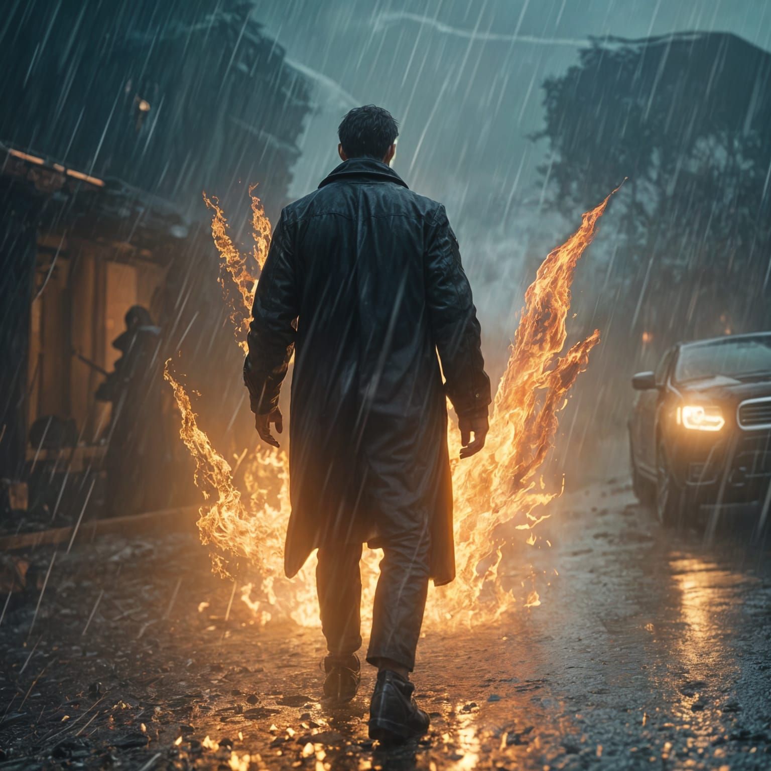 Dramatic Cinematic Scene: Man Walks Through Fiery Rain
