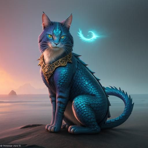 Dragon Cat Gazing at Reflection: Fantasy Matte Painting