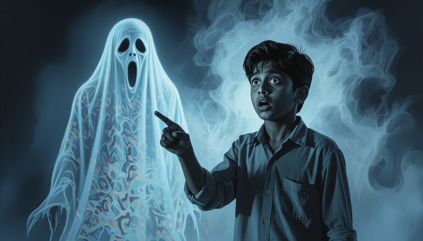 Teen Boy Faces Ethereal Ghost in Gothic Horror Style