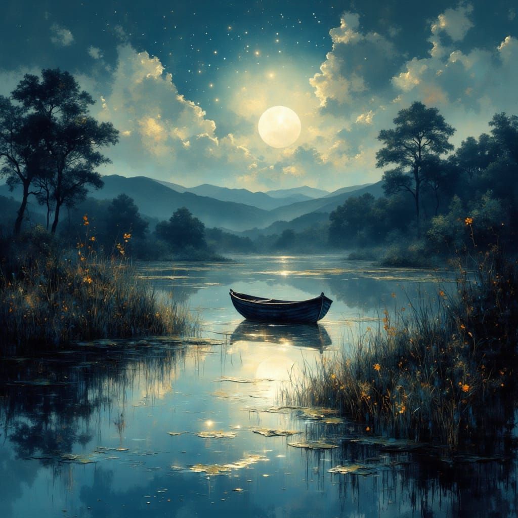 Moonlit Serenity: A Gentle Boat on a Reflective Lake