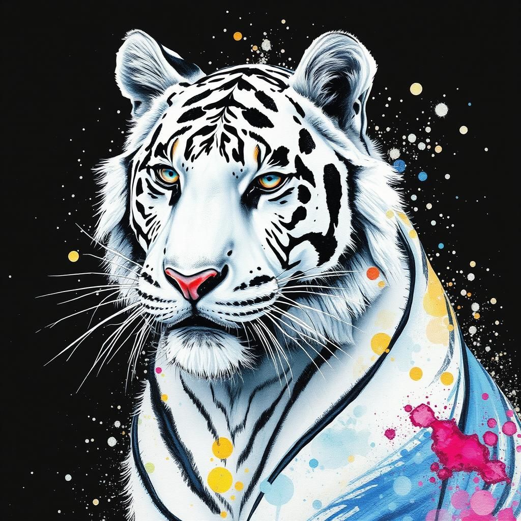 Gorgeous White Tiger with Watercolor Ink Splatter