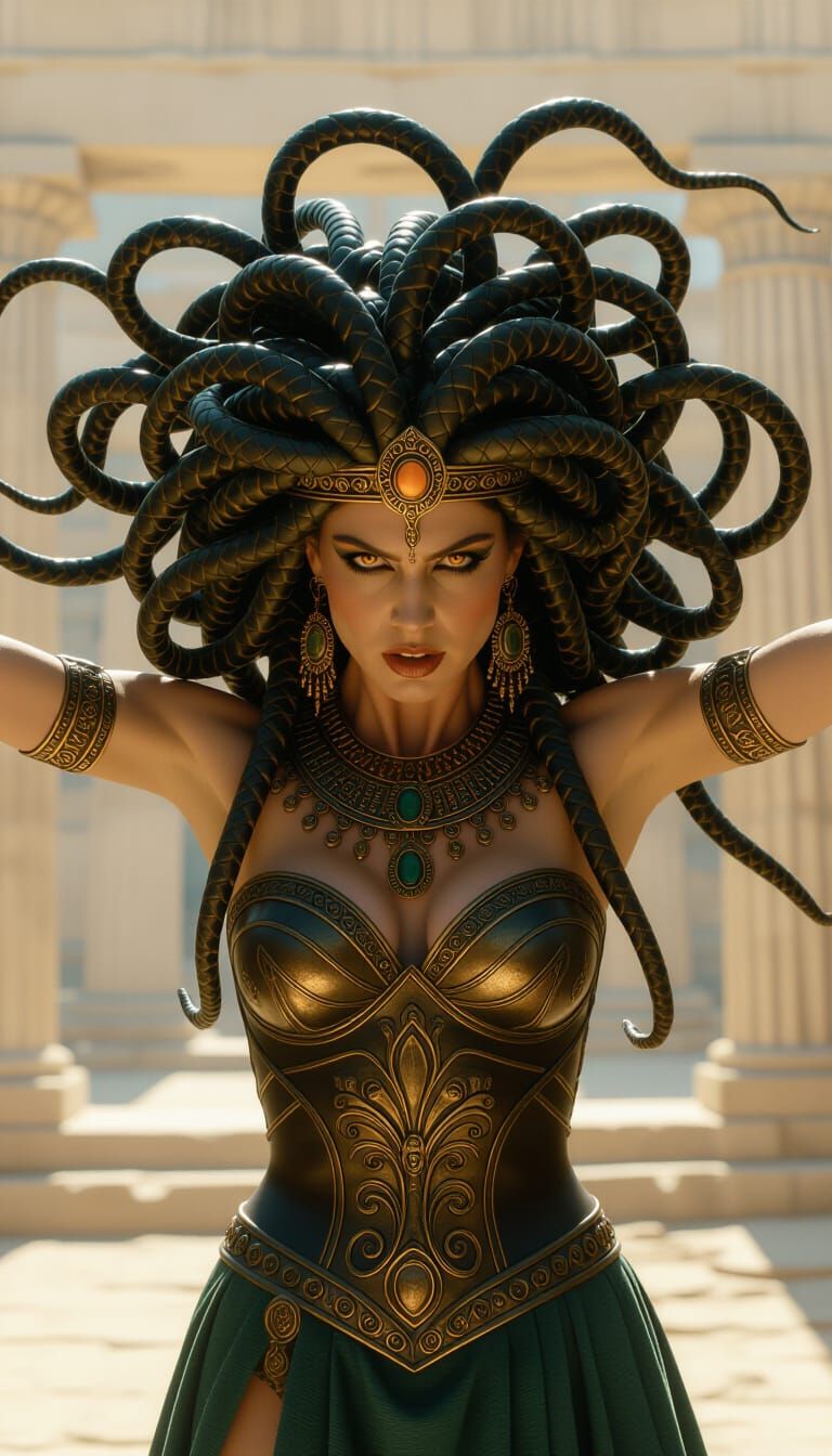 Medusa with Snakes and Fiery Eyes in Ancient Temple
