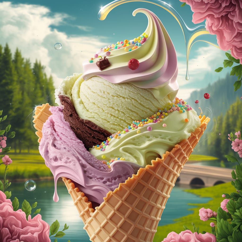 Fantastical Ice Cream Tower in Lush Landscape