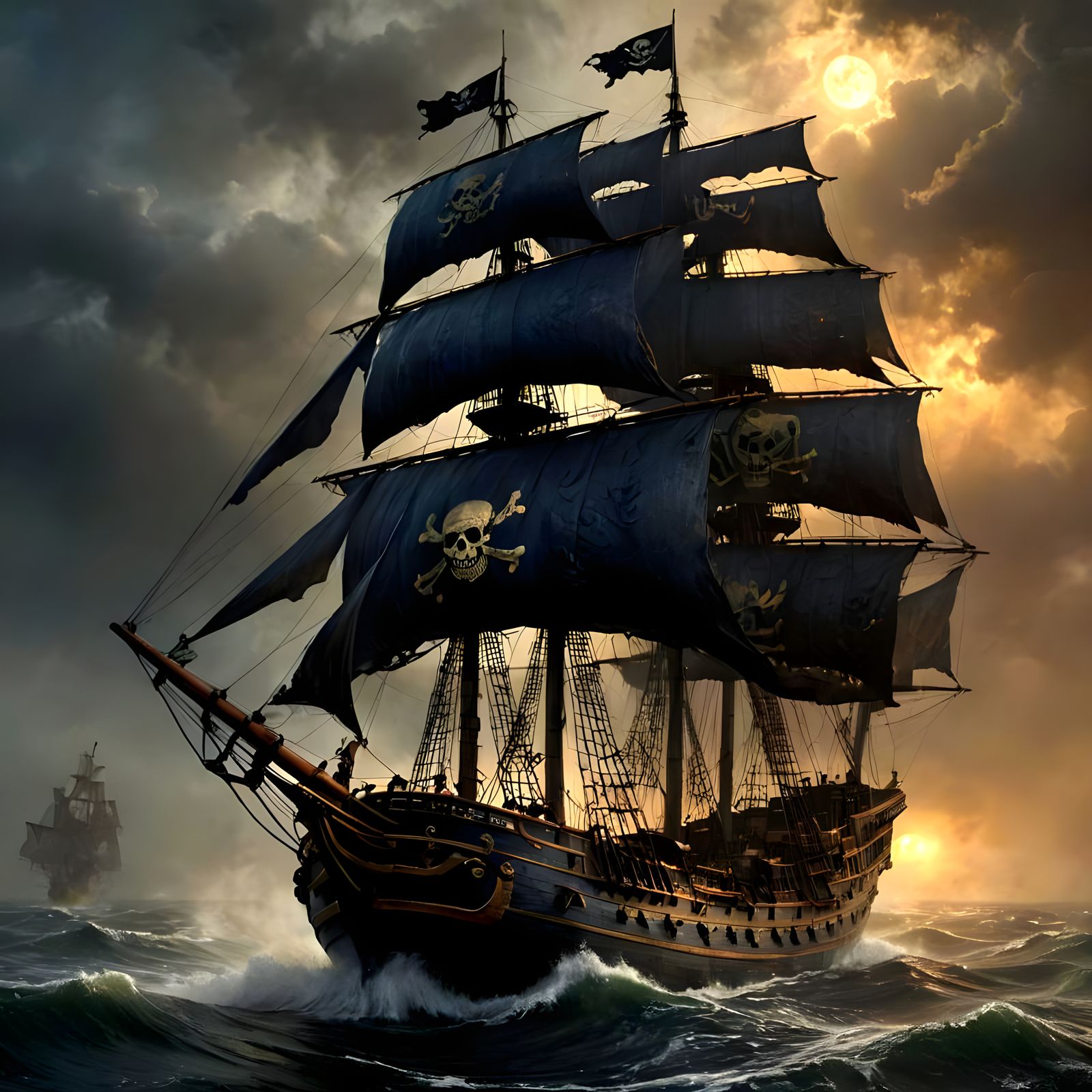 Pirate Ship Sails Through Stormy Sea Under Full Moon