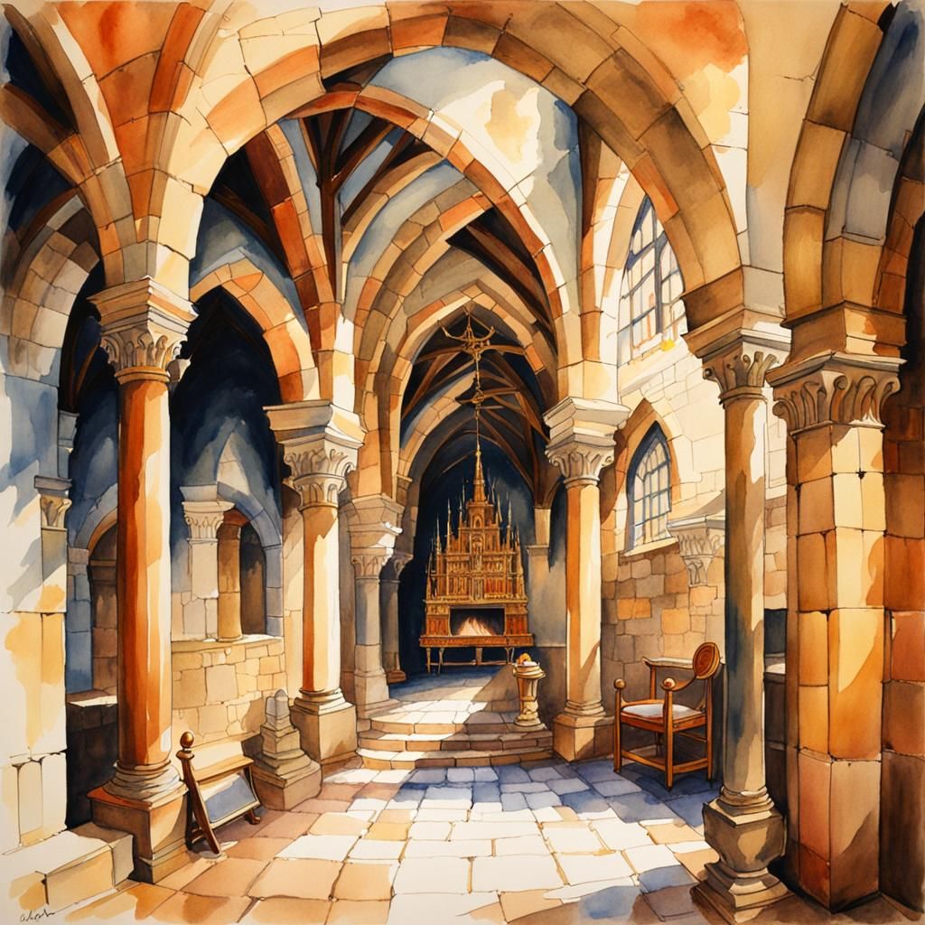 Medieval Castle Interior in Watercolor Style