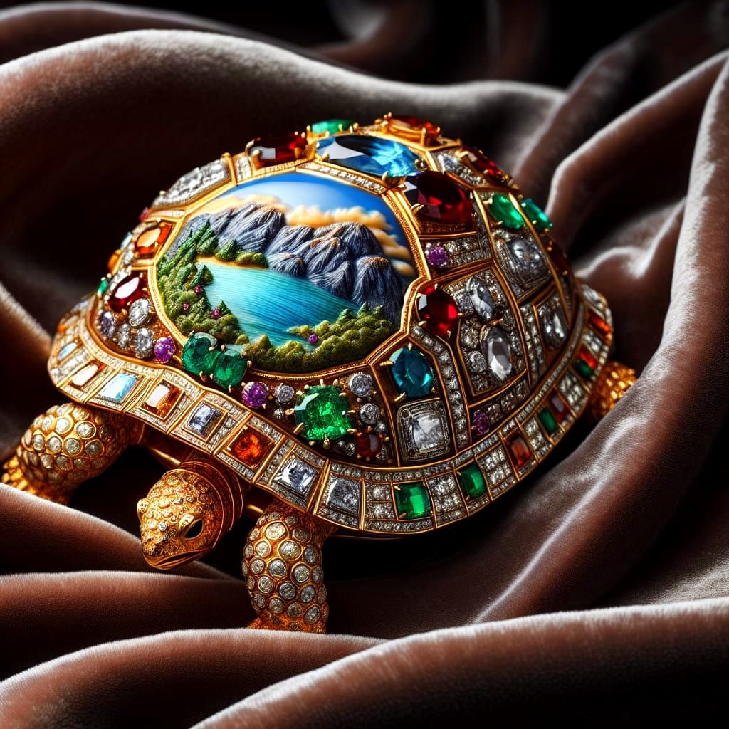 Exquisite Golden Tortoise Brooch with Gemstone Encrustation