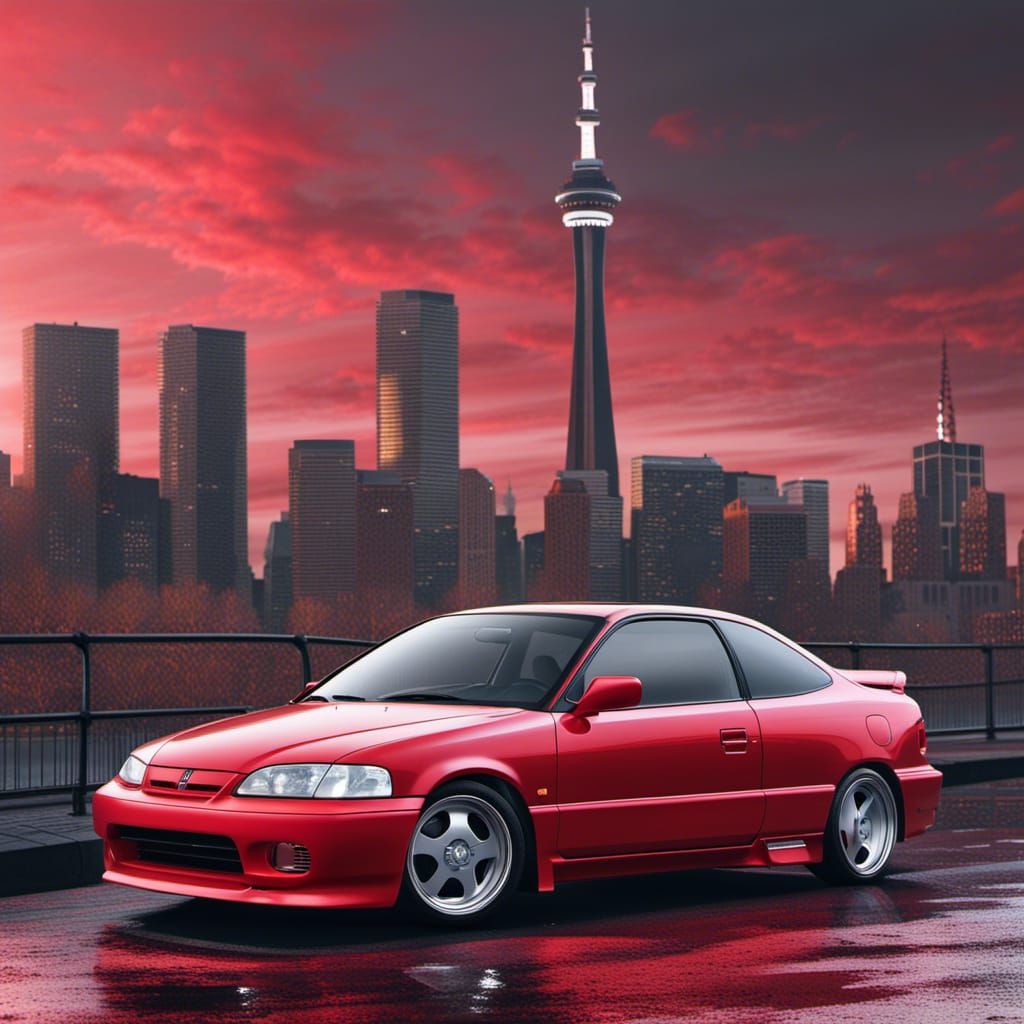 Red 1995 Honda Civic Coupe in City Landscape