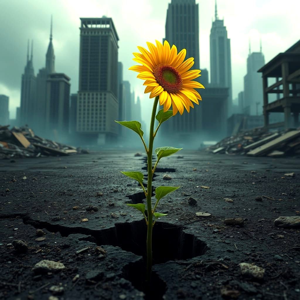 Hopeful Sunflower Sprouts in Post-Apocalyptic Cityscape