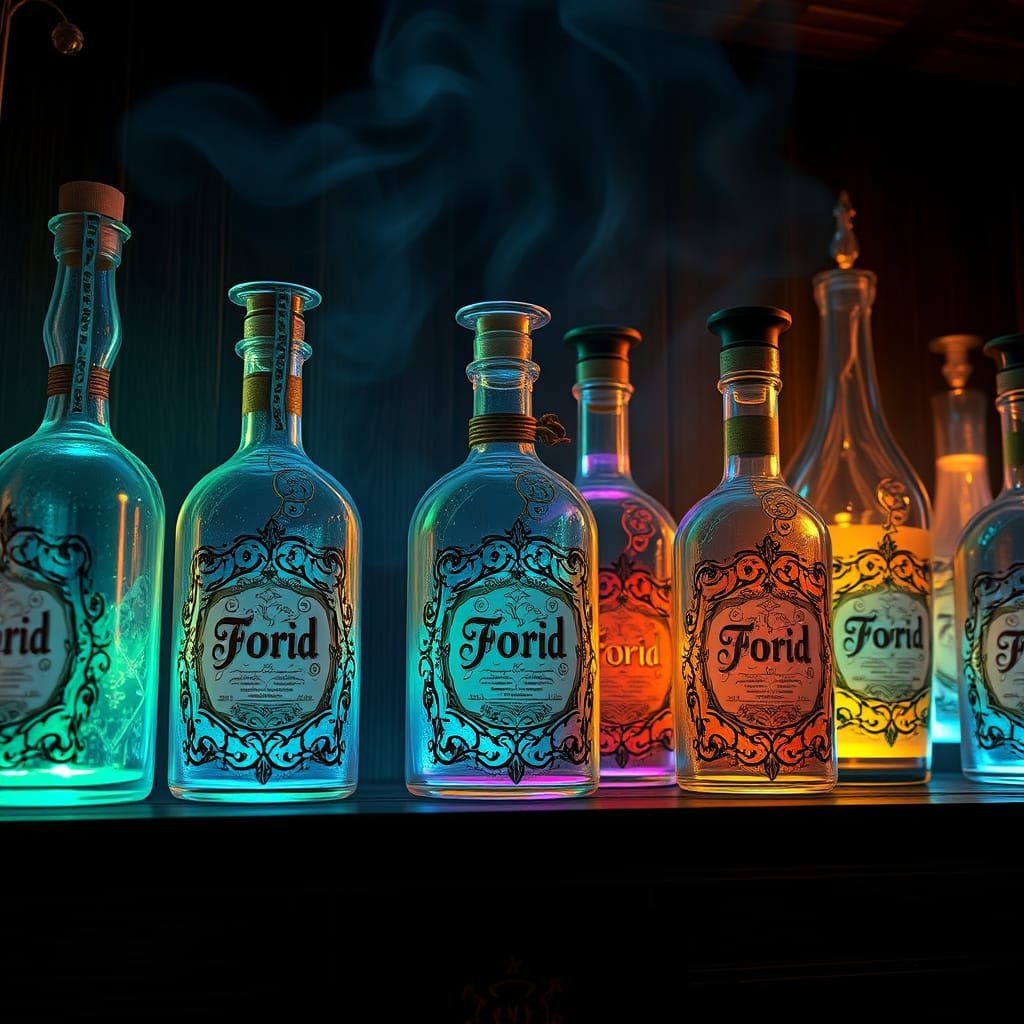 Ethereal Potion Bottles Glow with Mystical Ambiance in Conce...