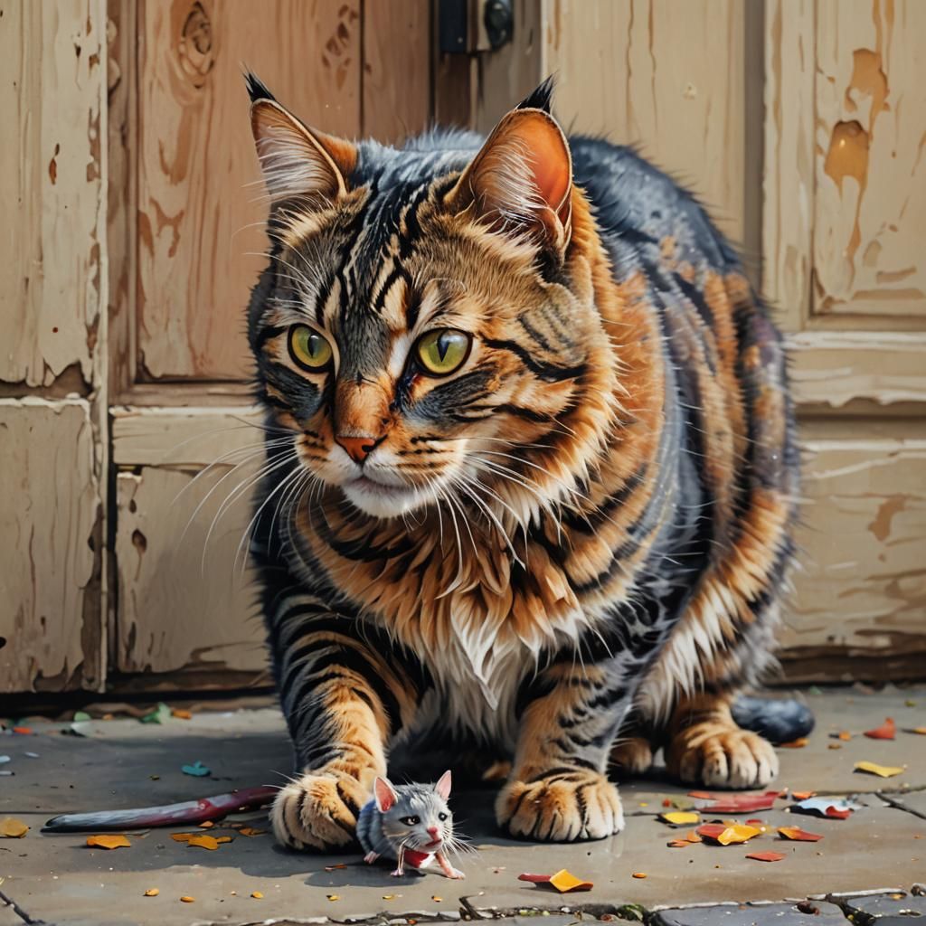 Hyperrealistic Cat and Mouse Doorstep Scene