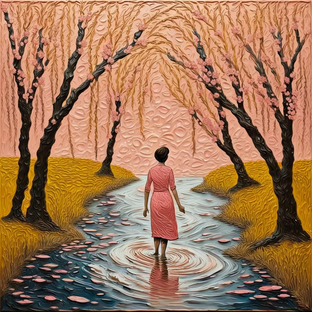 Abstract Expressionist Woman Wading in River as Impasto Pain...