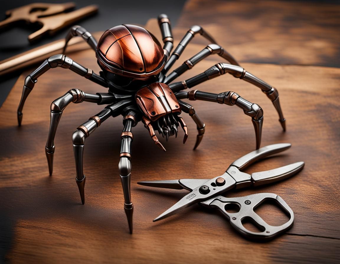 Disassembled Copper Mecha-Spider on Pine Table
