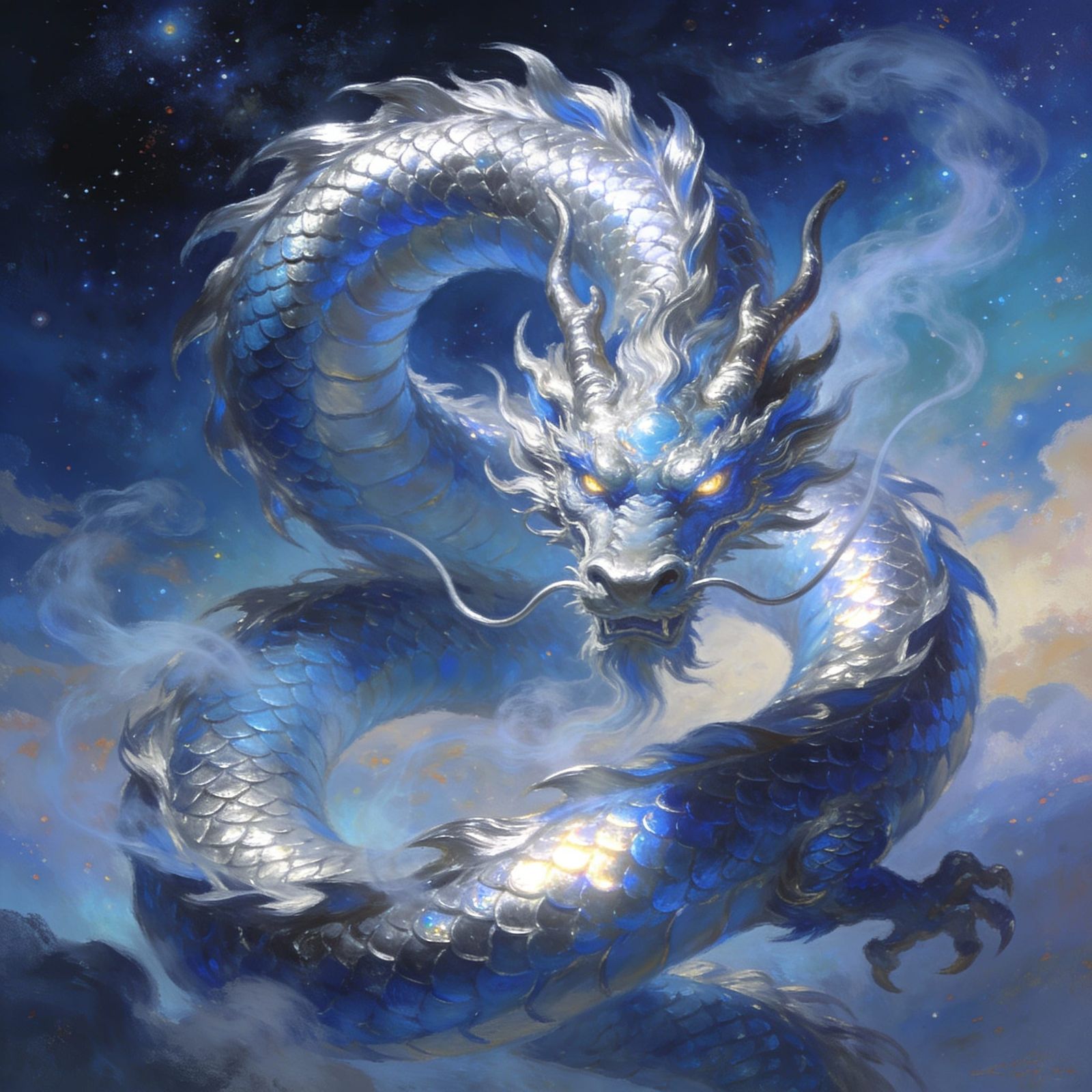 Majestic Silver Chinese Dragon in Celestial Sky