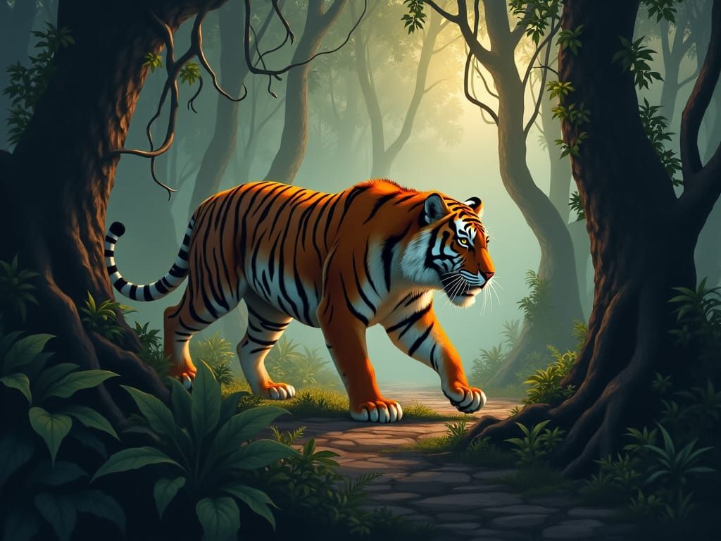 Twilight Tiger Prowl: Jungle Scene in Wildlife Art Style