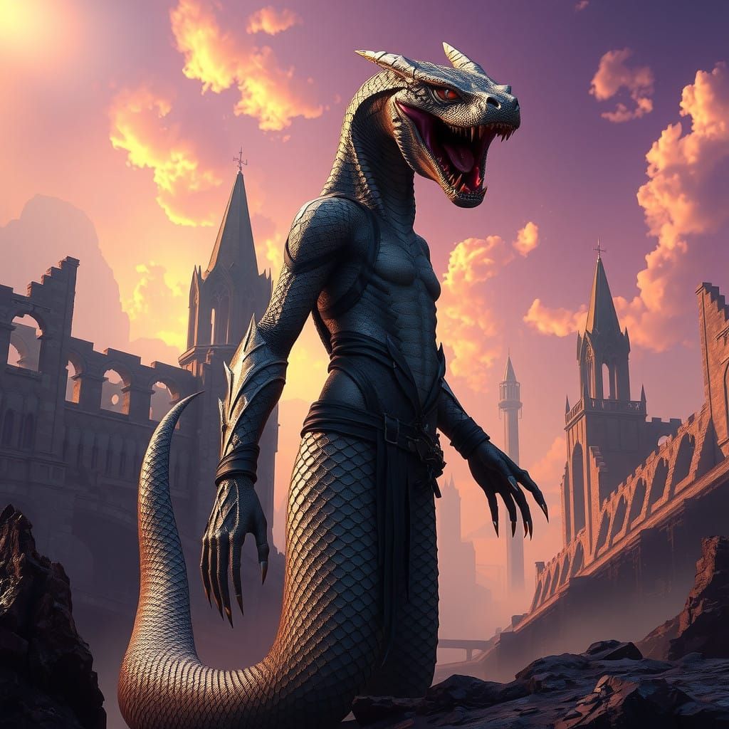 Dark Fantasy Snake Woman in Ruined Castles