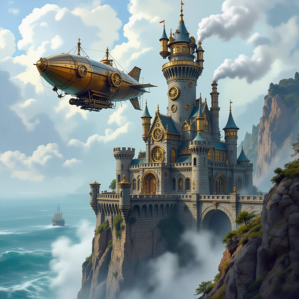 Steampunk Castle on Cliff Overlooking Misty Sea