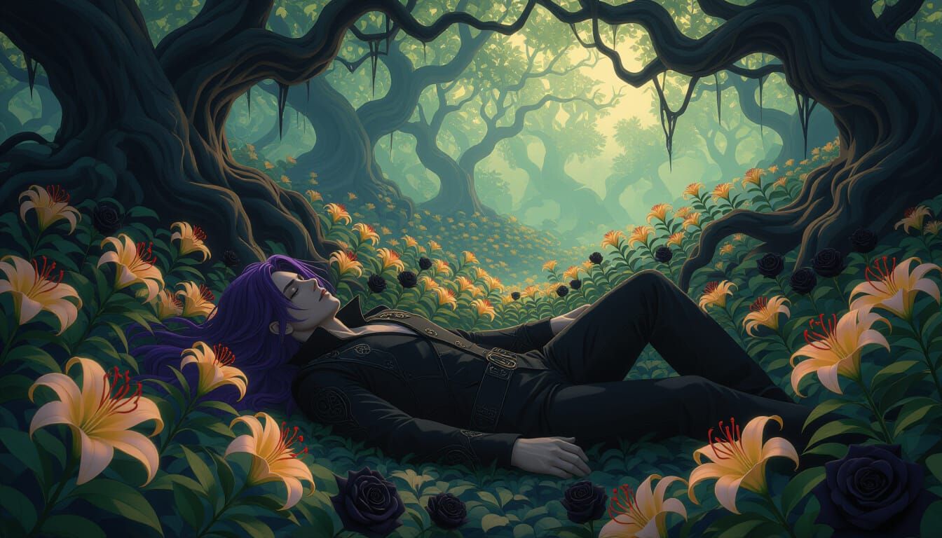 Eerie Garden: Dark-Haired Man Among Spider Lilies