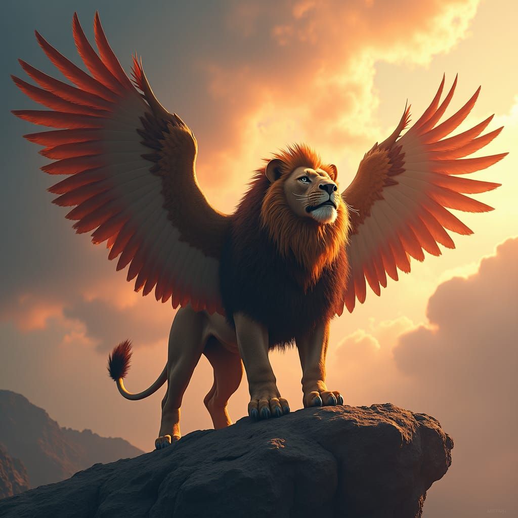 Majestic Winged Lion in Detailed Matte Painting Style