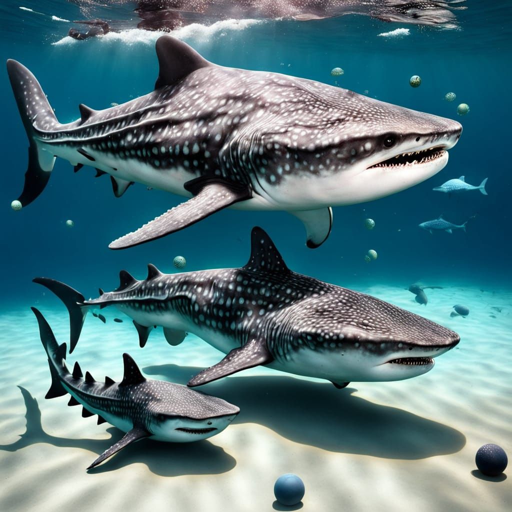 A whale shark plays with a ball and a round cantaloupe. bad anatomy deformed disfigured