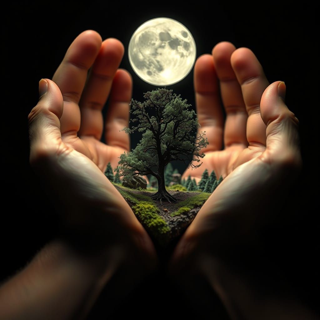 Miniature Landscape in Cupped Hands Under Moonlight