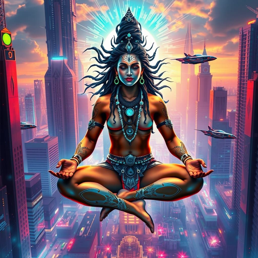 Futuristic Indian Woman and Shiva Meditate in Sky Town