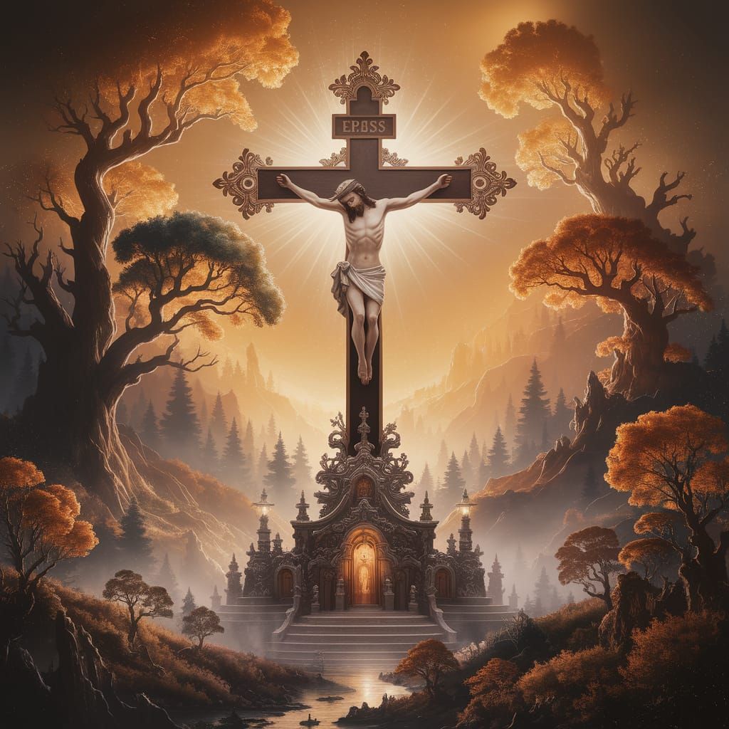 Glorious Cross Shimmers in Ethereal Fantasy Landscape
