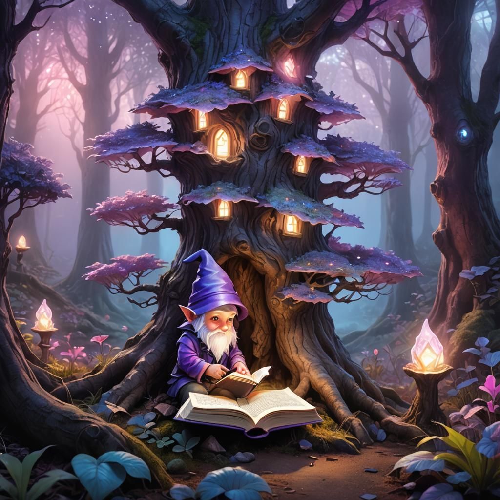 Baby Gnome Reads in Psychedelic Twilight Forest