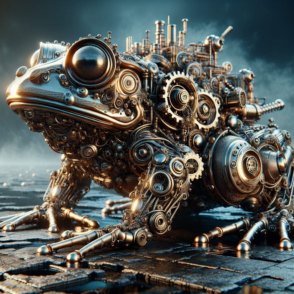 Hyperrealistic Steampunk Frog in Cinematic Scene