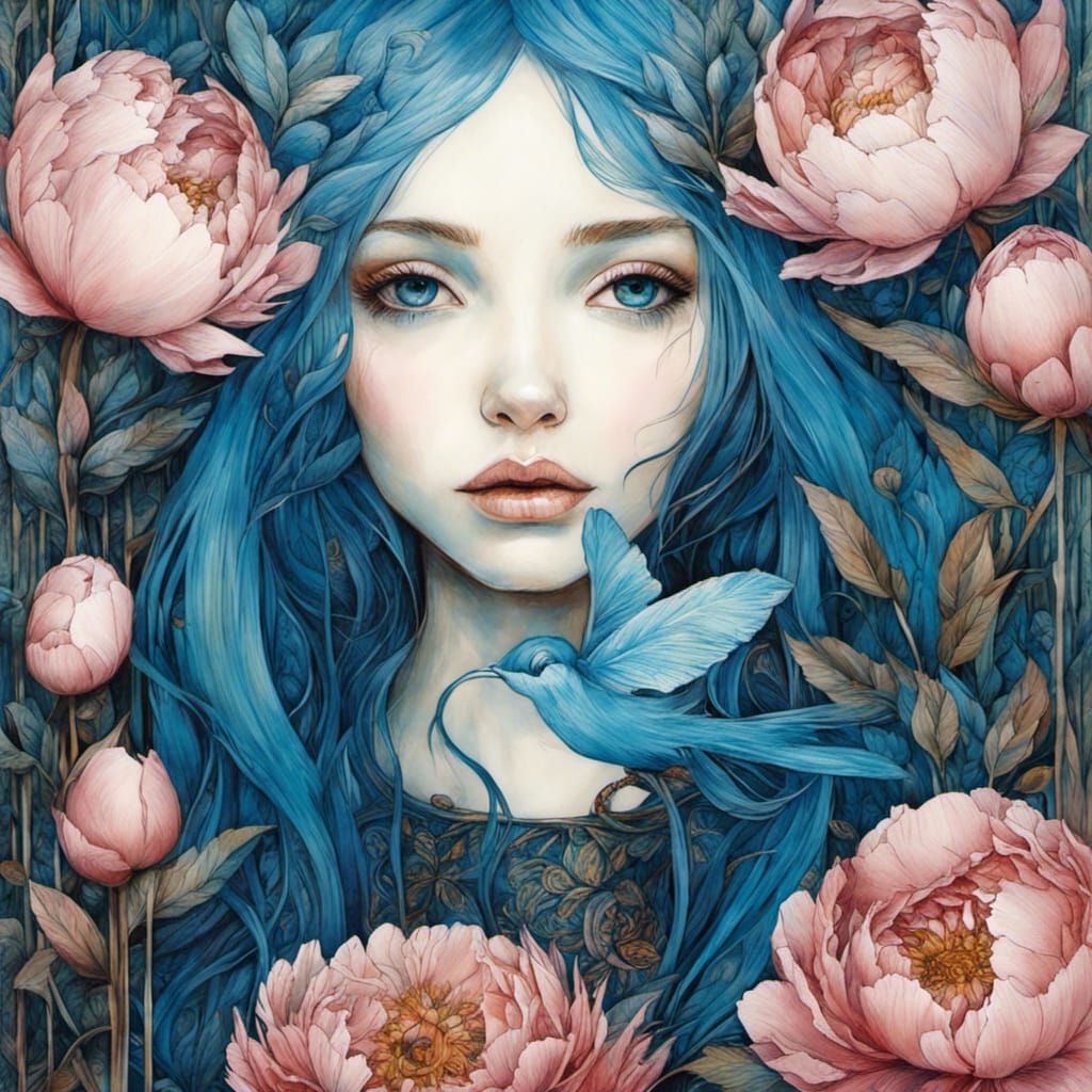 Blue Girl with Peonies in Art Brut Style