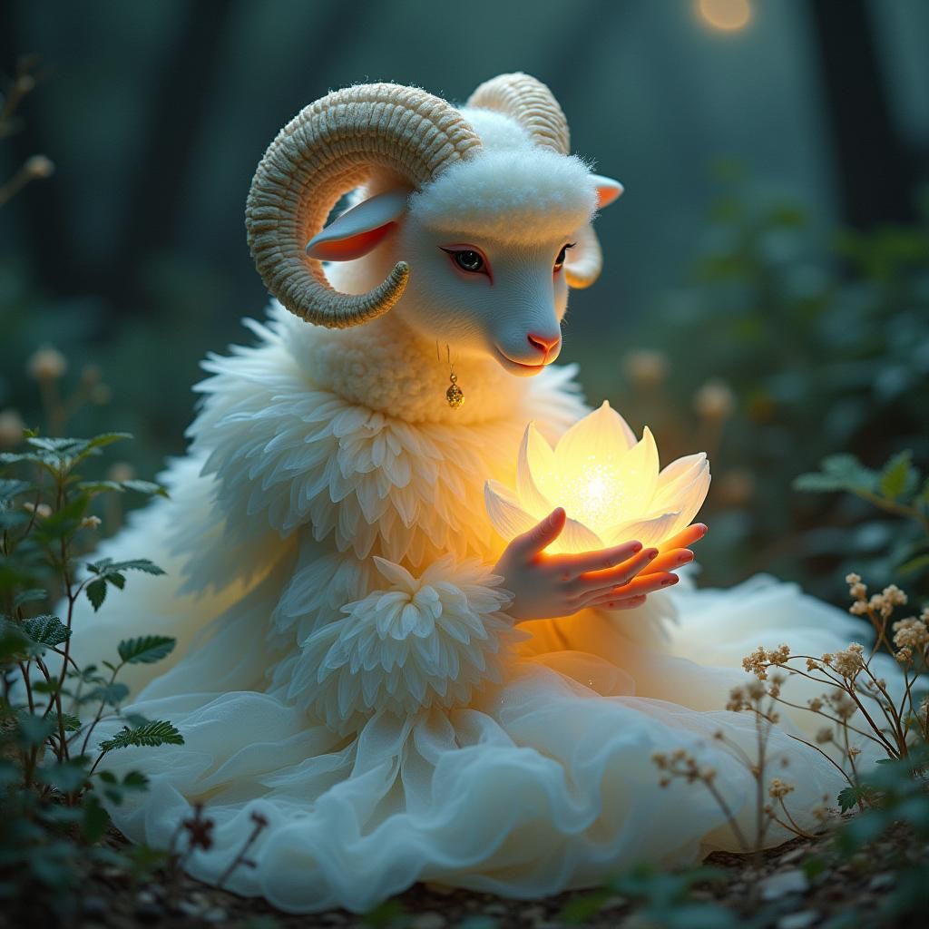 Luminous Sheep Lady with Glowing Flower