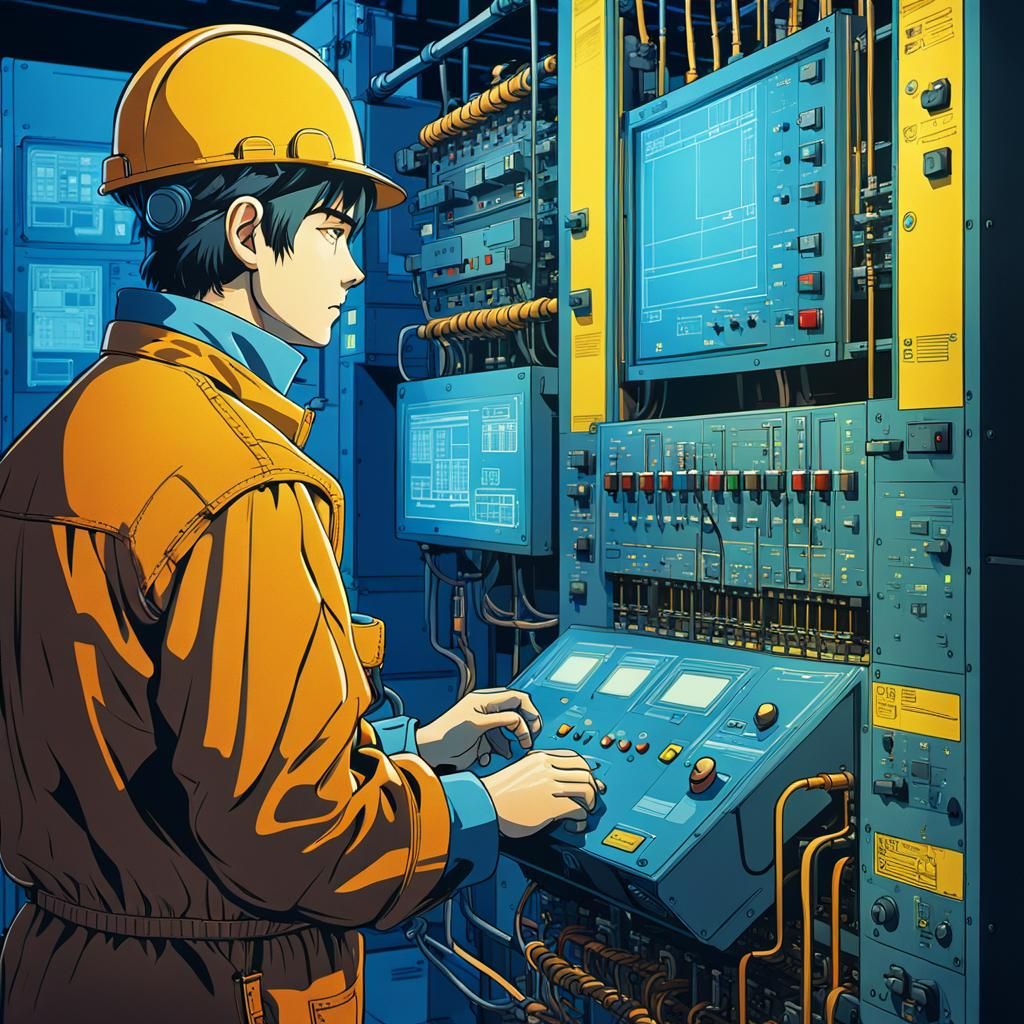 Retro Anime Factory Worker Inspecting PLC