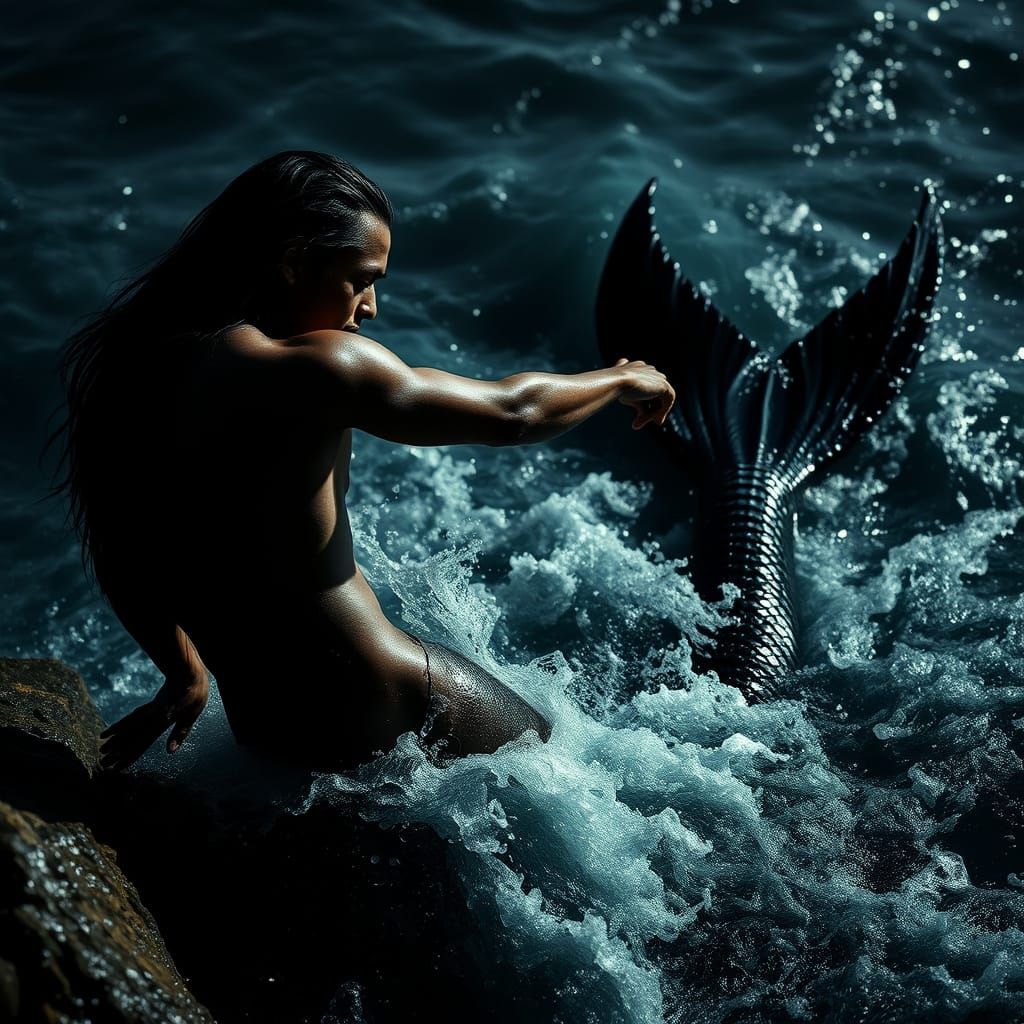 Gothic Mermaid and Man in Moonlit Ocean Depths