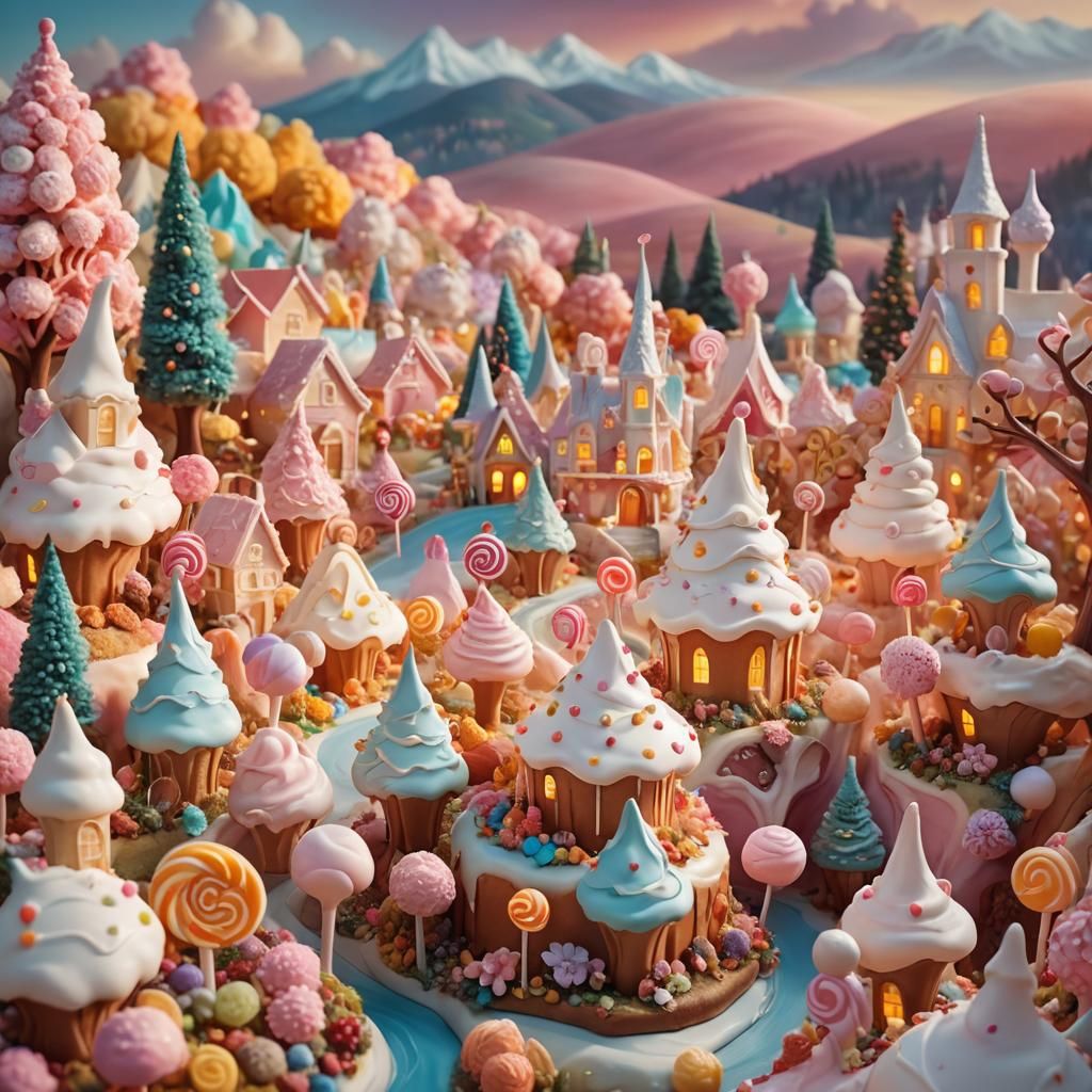 Whimsical Candy Land with Cake City and Icing Hills