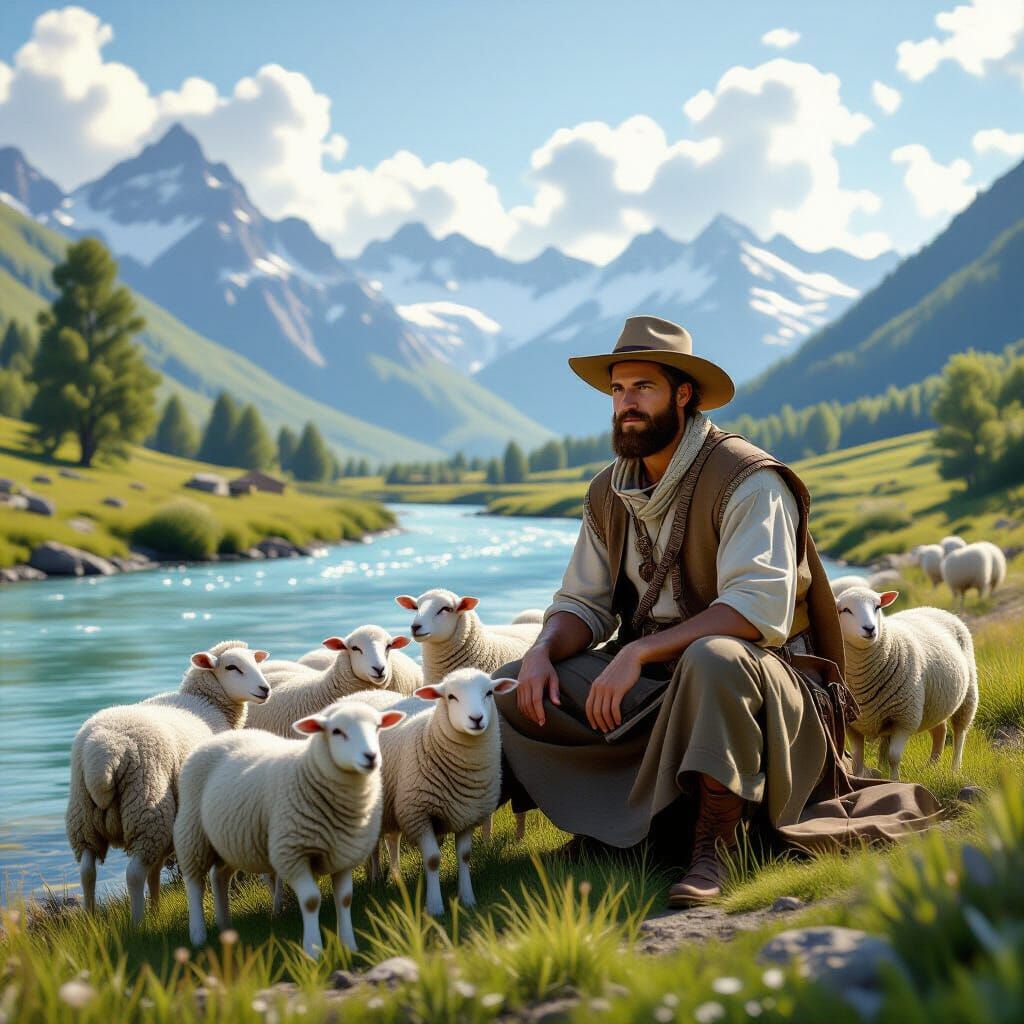 Shepherd and Flock in Pastoral Landscape, 3D Render
