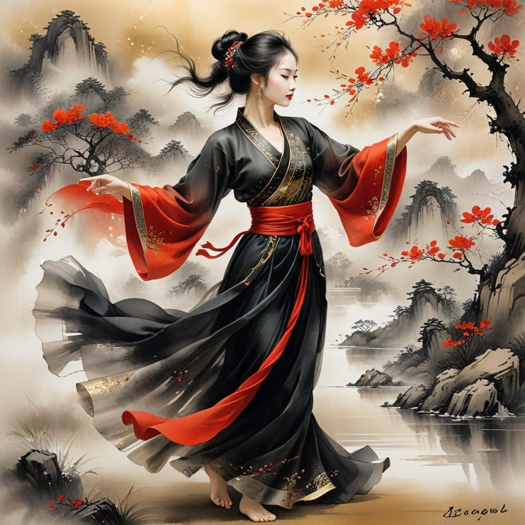 Chinese Painting of Dancer with Wind Sfumato