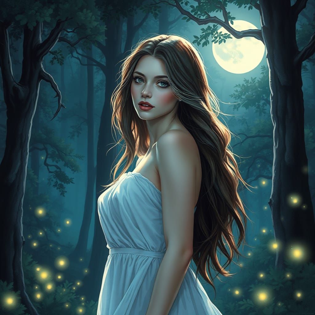 Ethereal Mara in Moonlit Forest: Comic Book Art