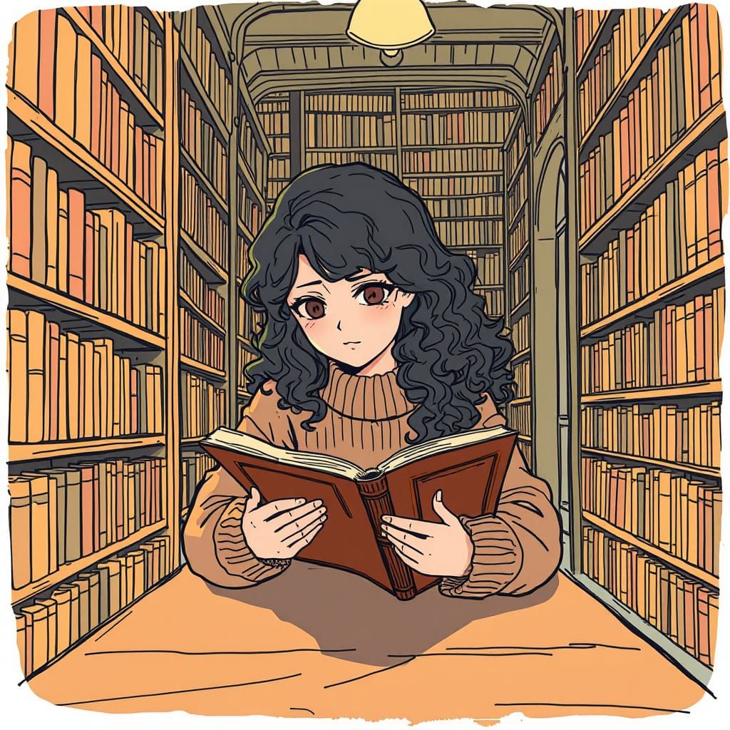 Girl Reading in Library: Lofi Anime Sketch Art