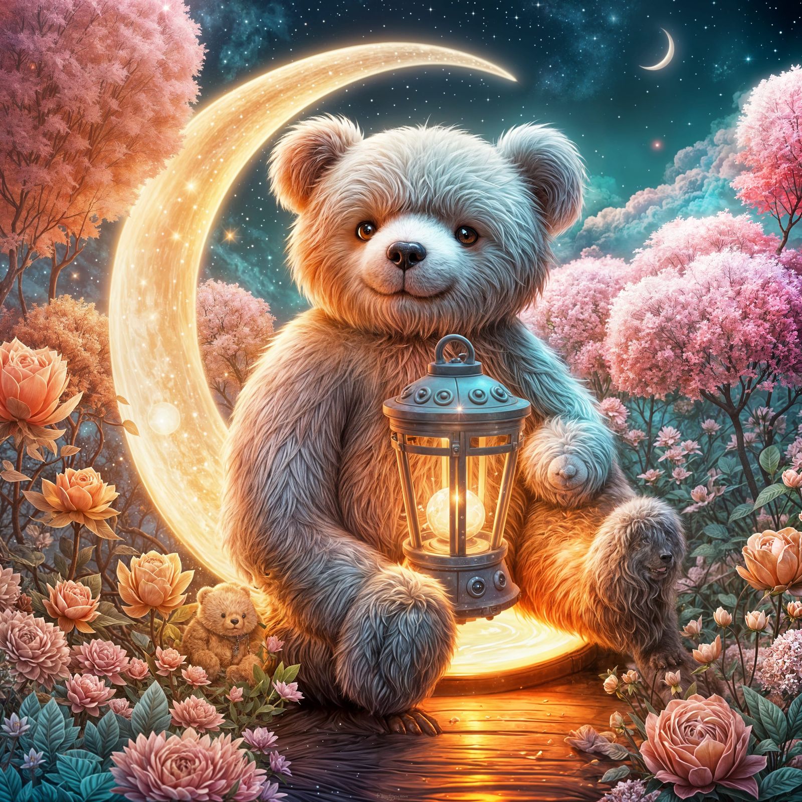 Fluffy Teddy Bear on Crescent Moon in Starry Galaxy