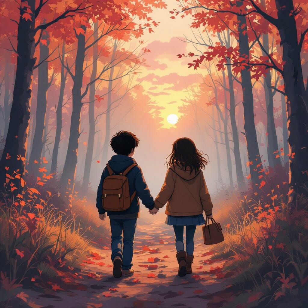 Friends Stroll Through Misty Forest at Sunset