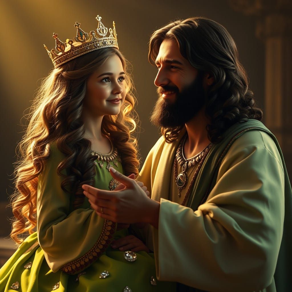Jesus Tenderly Interacts with a Young Princess in a Serene, ...