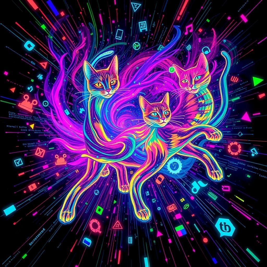 Neon Data Cats in Swirling Vortex