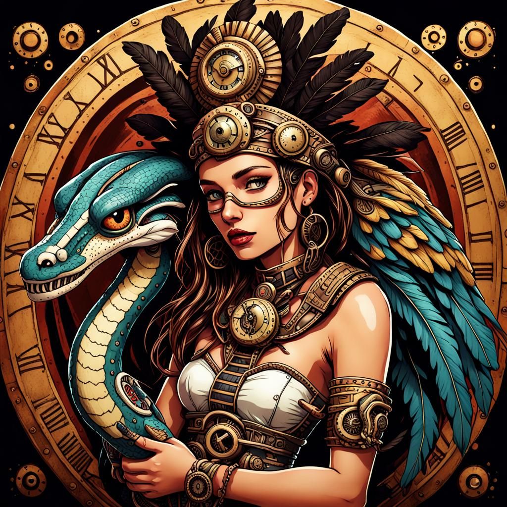 Clockpunk Aztec Princess with Mechanical Serpent
