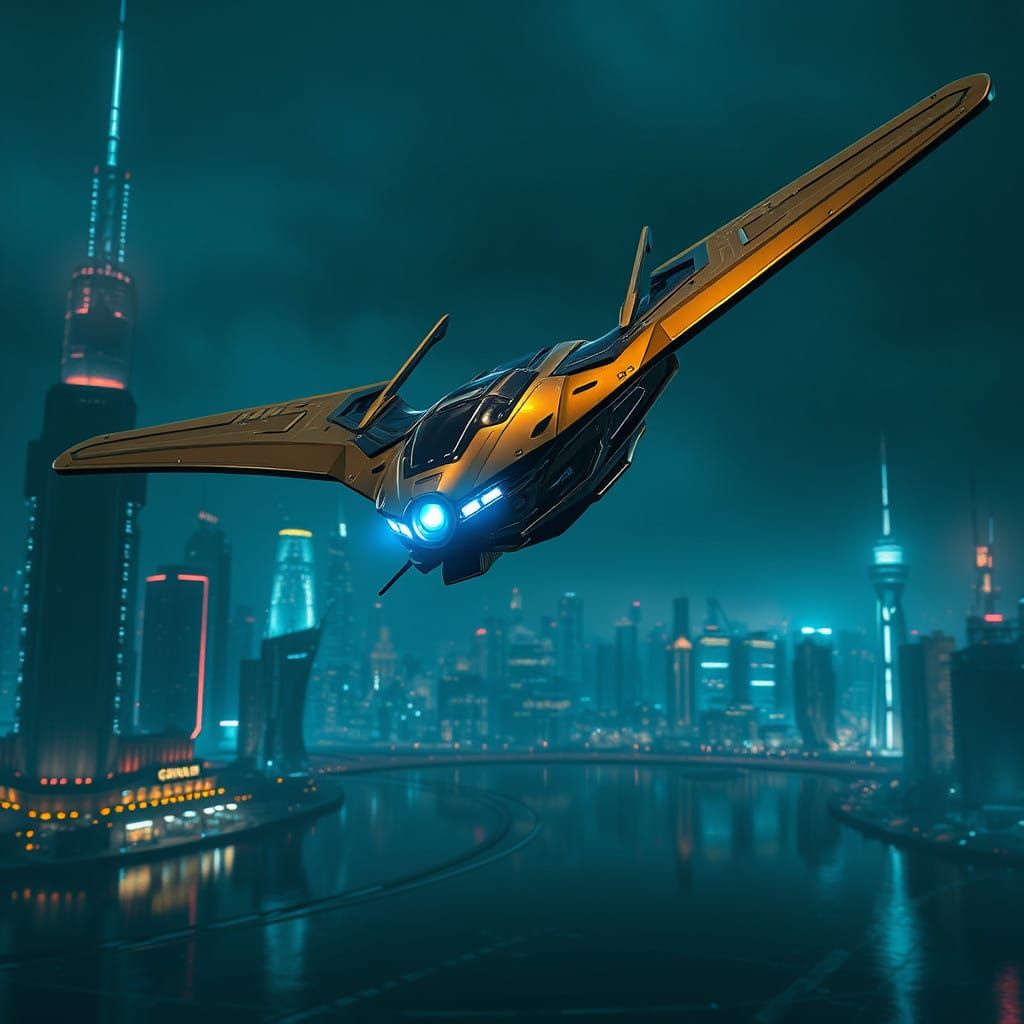 Sci-Fi Flying Machine soars over Futuristic Cityscape in Gol...