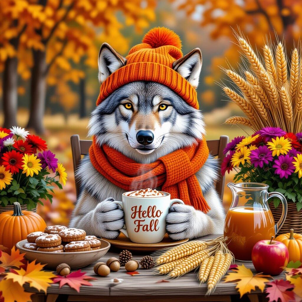 Happy Wolf in Fall Scarf Enjoys Hot Cocoa