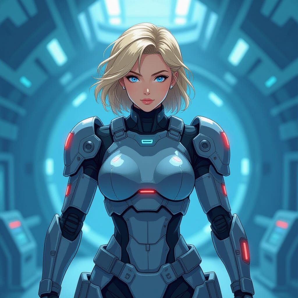 Heroic Soldier in Mech Bay in Anime Style