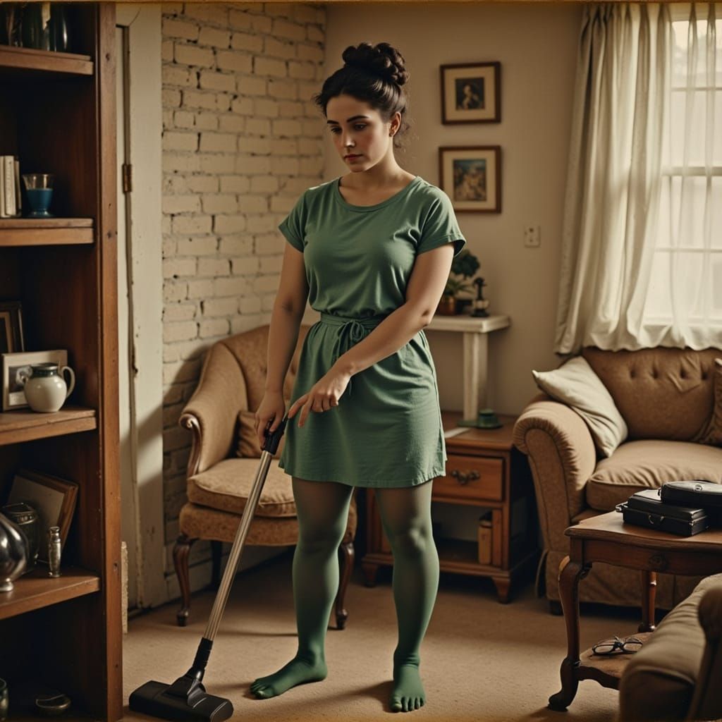 Woman in Casual Comfort Vacuuming Cozy Living Room
