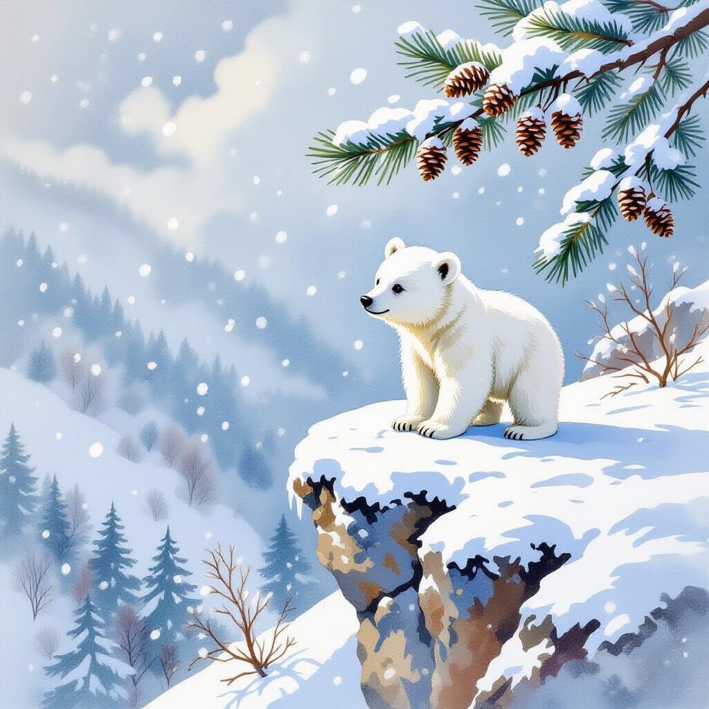 Cute Bear Cub in Snowy Blizzard Landscape